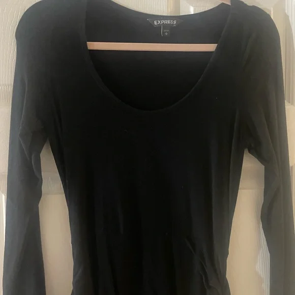 Express Long Sleeve Basic Black Mini Dress with Side Ruching Detail - Picture 4 of 5